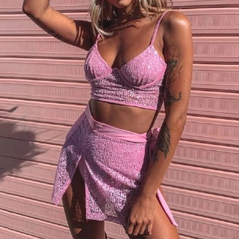Pink See Through Two 2 Piece Sets Spaghetti Strap Backless Low Cut Crop Tops Bandage Side Slit Skirt 
